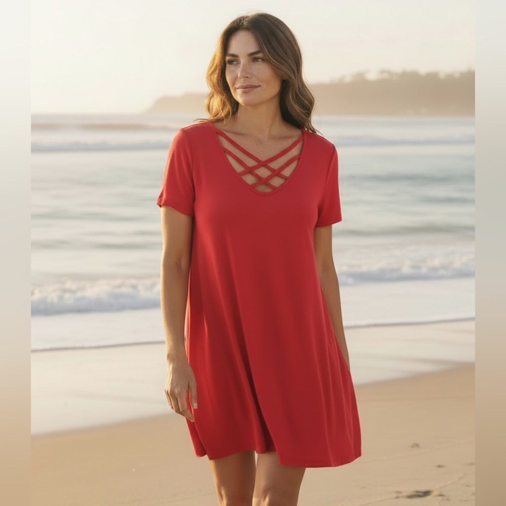Zenana Large Red Dress T-shirt Swing Pockets Criss Cross Cutout Neckline